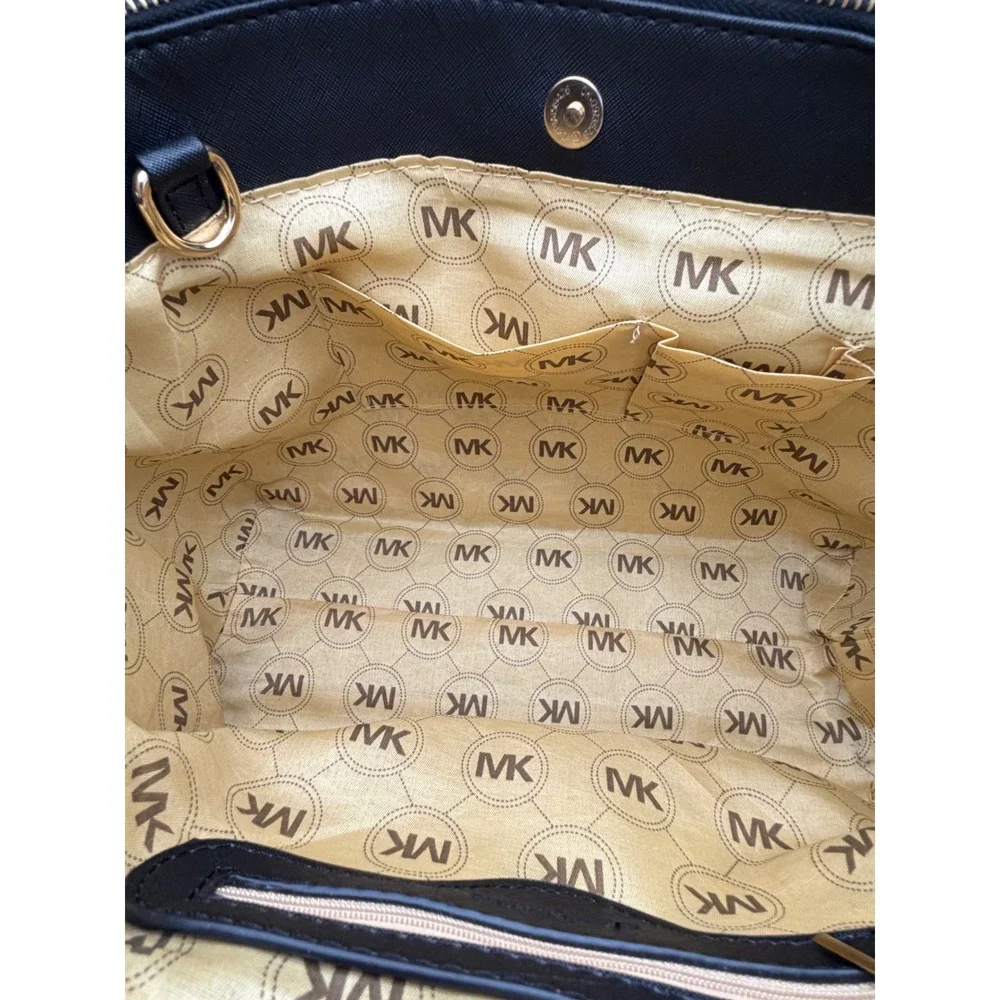 Michael Kors Black Saffiano Leather Tote Bag Gold Hardware MK Logo Handbag